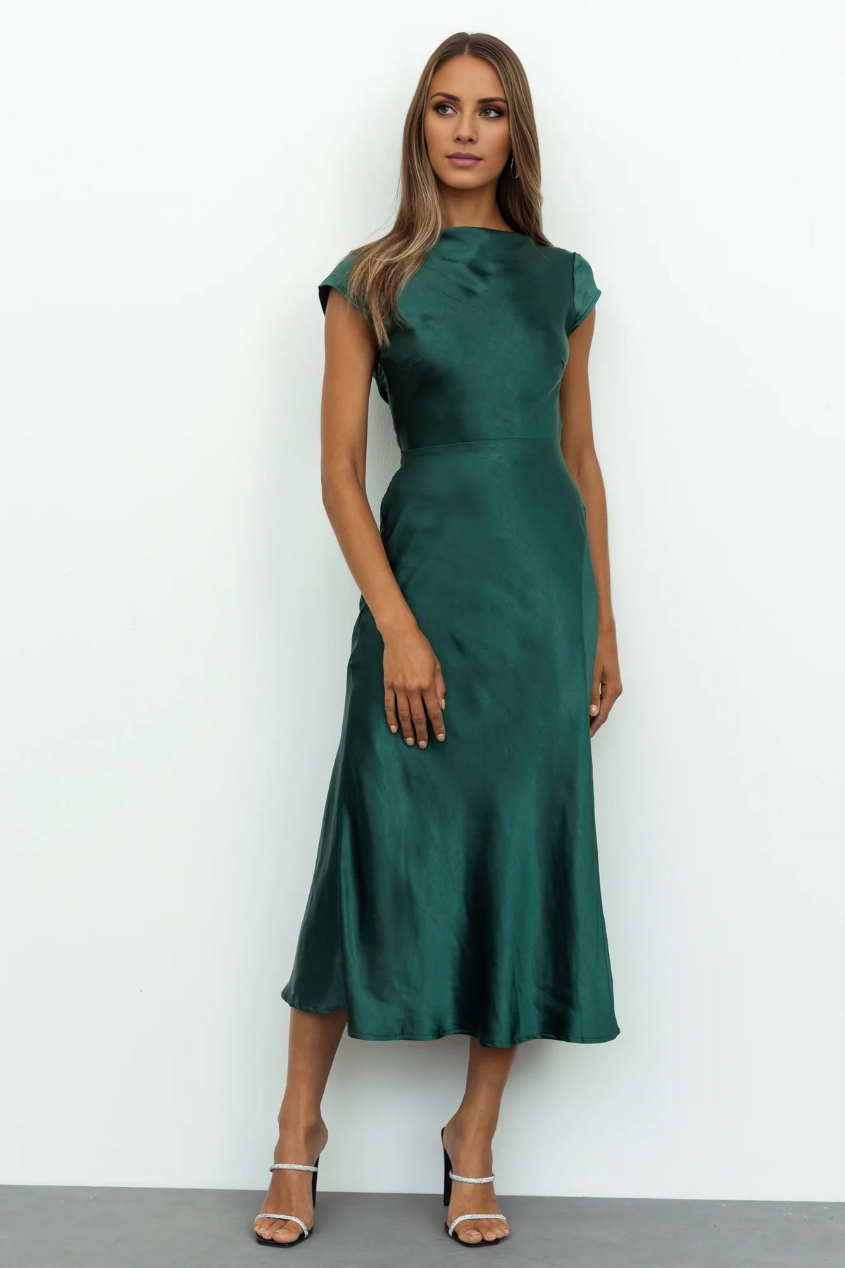 boat neckline satin backless side slit long Prom dress