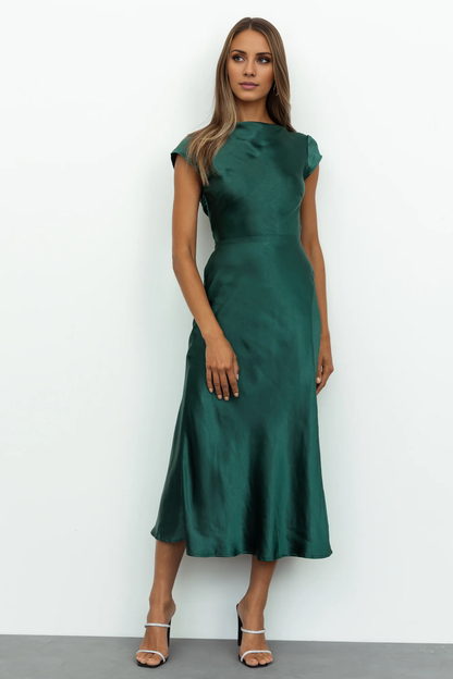 boat neckline satin backless side slit long Prom dress