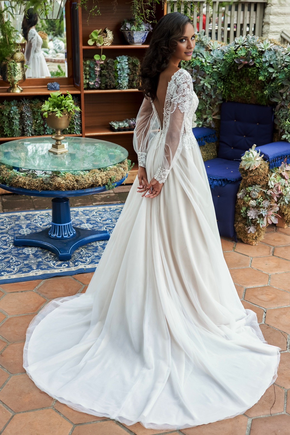 A-line V-neck embroidered lace chiffon and floor length wedding dress