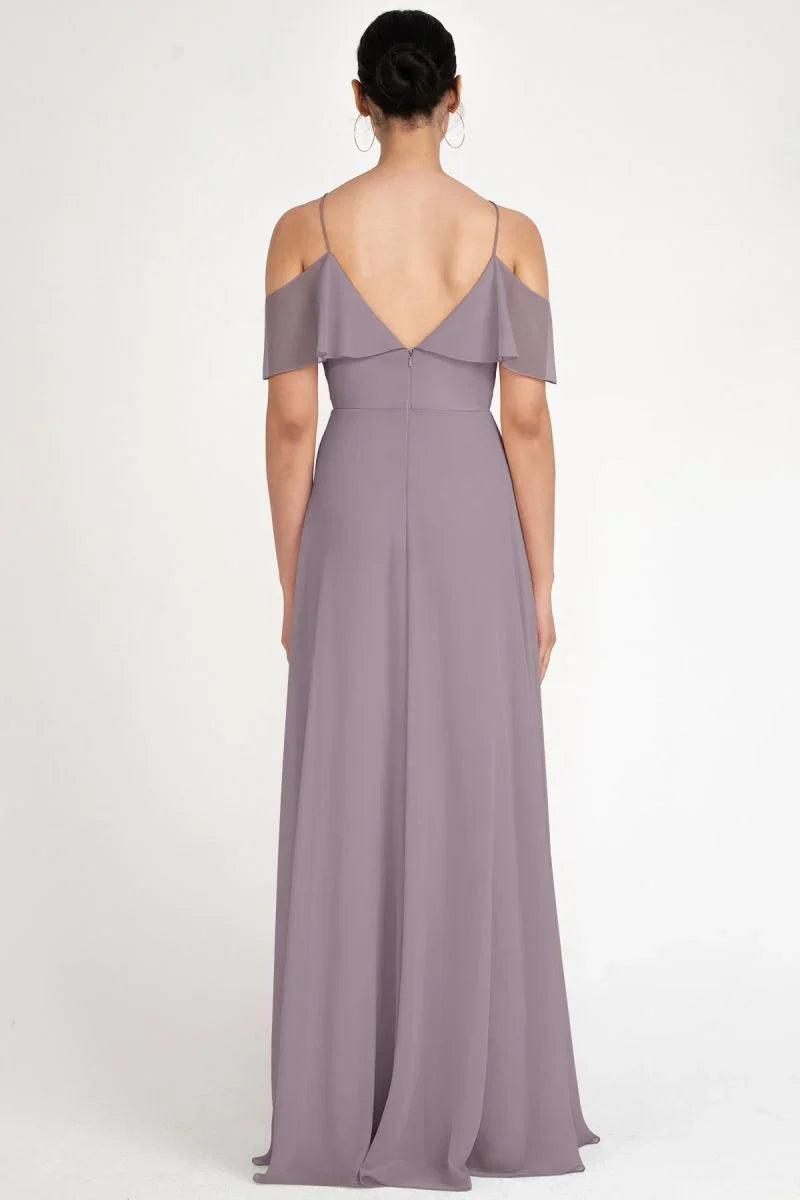 V collar off shoulder sleeveless thin shoulder strap backless and floor length evening dress