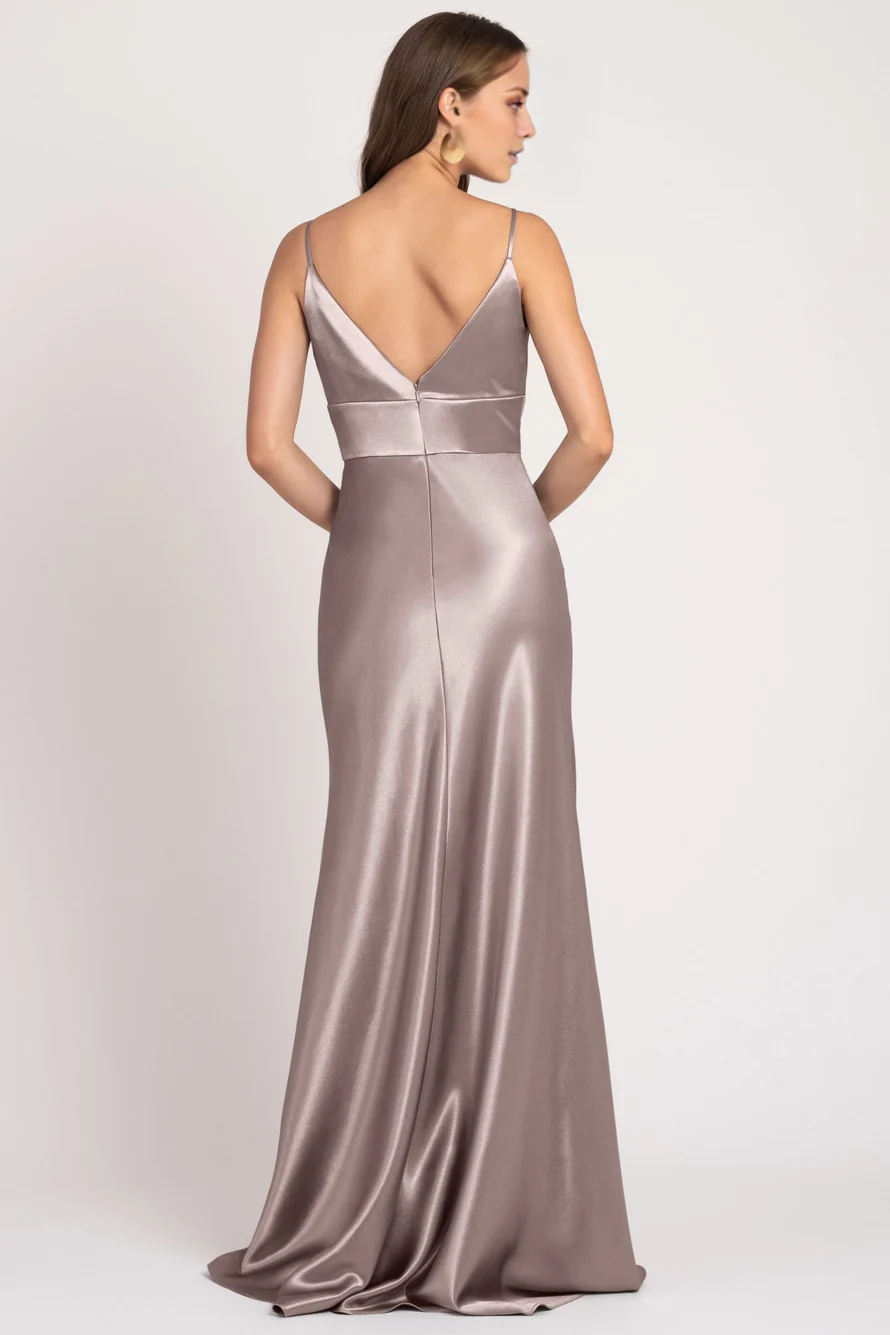 V collar off shoulder sleeveless thin shoulder strap backless and floor length evening dress