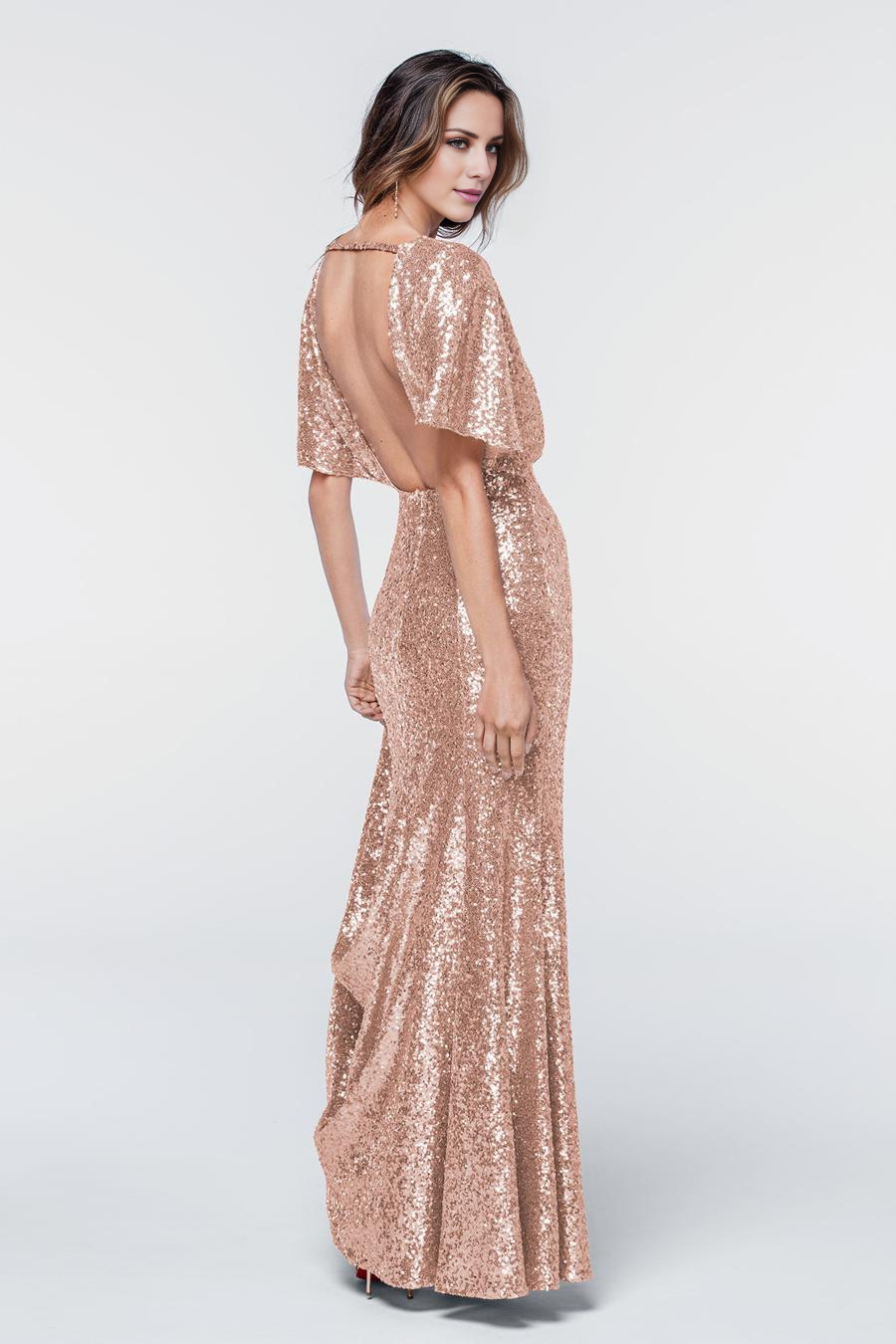 V-neck short sleeved sequined backless and floor length evening dress