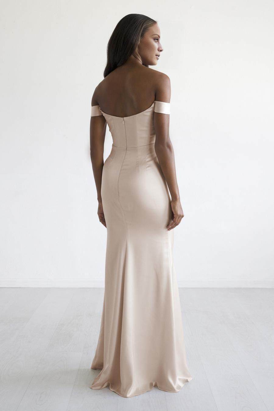 off shoulder collar sleeveless backless side slit and floor length evening dress