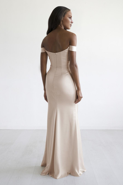 off shoulder collar sleeveless backless side slit and floor length evening dress