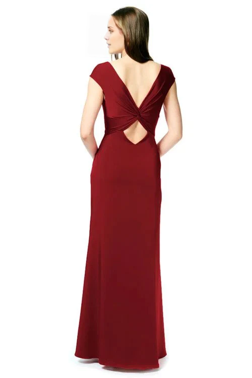 V-neck short sleeved backless and floor length evening dress