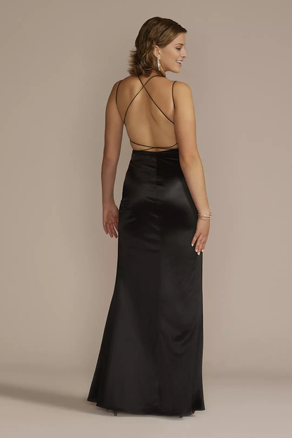 square neckline satin thin shoulder strap with exposed back side slit and floor length Prom dress
