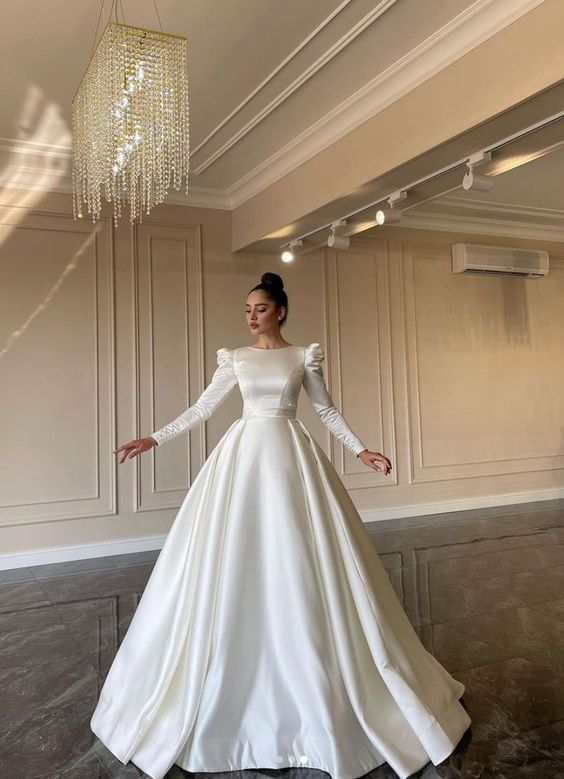 Simple wedding dress with sleeves satin ball gown