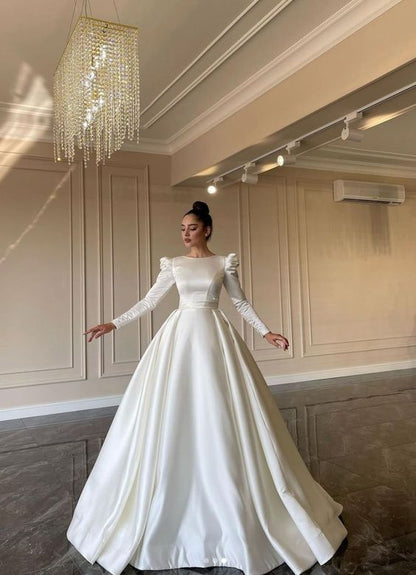 Simple wedding dress with sleeves satin ball gown