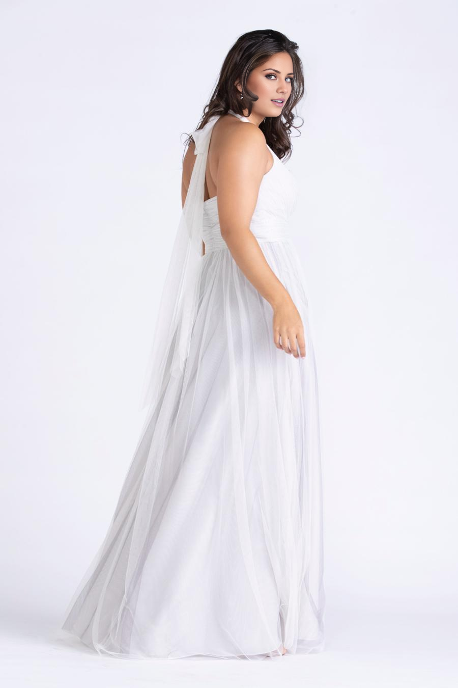 V-neck hanging neck sheer pleated backless and floor length evening dress