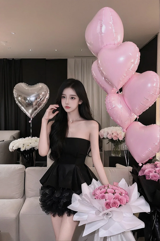 Black strapless fitted waist short ball gown R7526