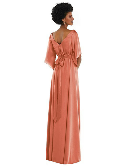 V-neck off shoulder long sleeved backless side slit and floor length Prom dress