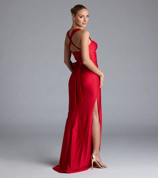 heart-shaped neckline satin backless side slit and floor length Prom dress