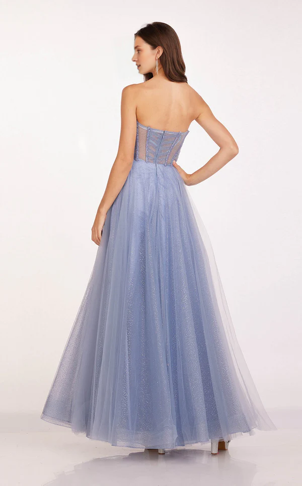 A-line strapless sheer tight corset and floor length Prom dress