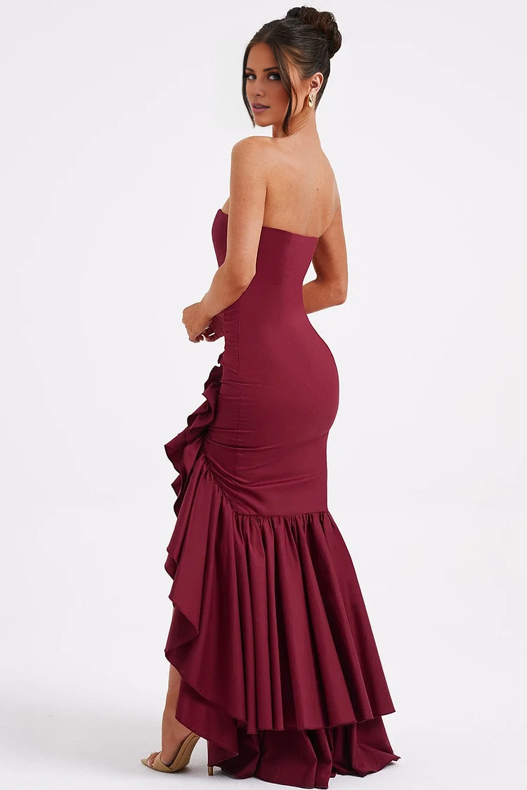 off shoulder collar off shoulder sleeveless strapless backless ruffle edge and floor length Prom dress