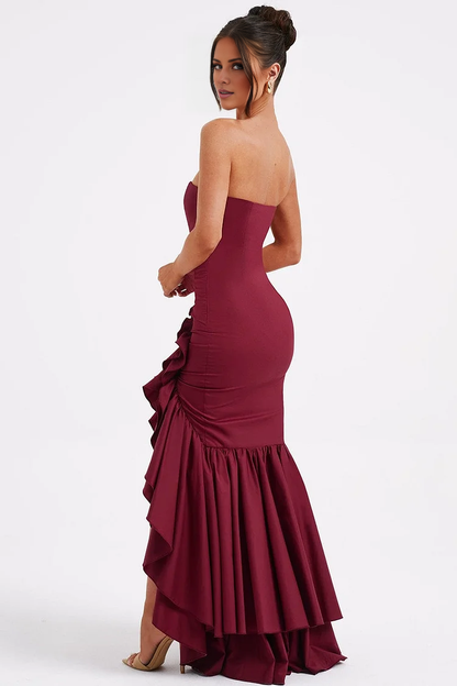 off shoulder collar off shoulder sleeveless strapless backless ruffle edge and floor length Prom dress