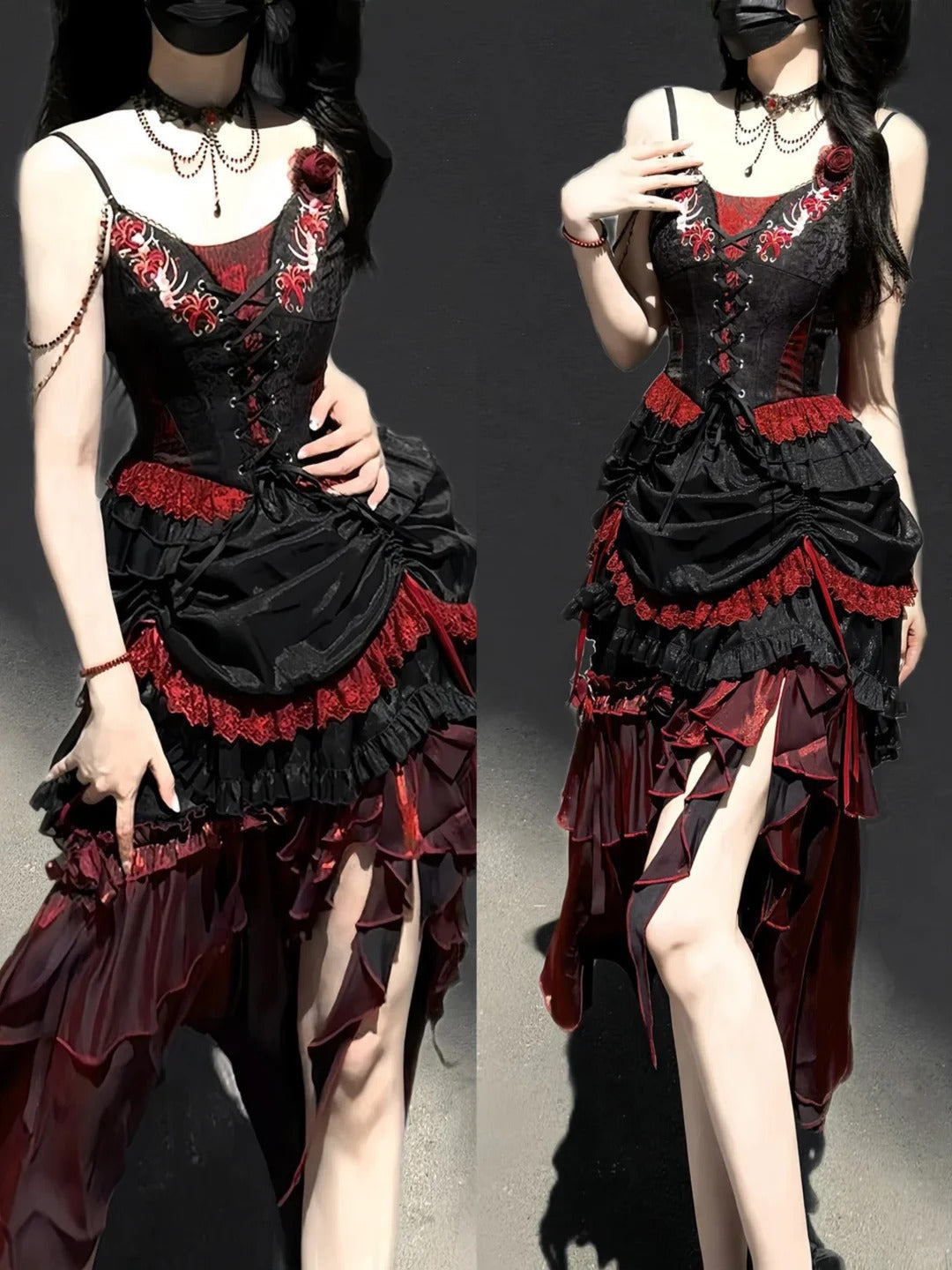 Girlhomeshops-Black red elegant long corset tulle prom dress evening gown gh5345