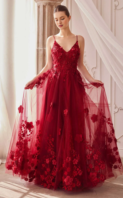 A-line 3D floral decal chiffon thin shoulder strap Prom dress