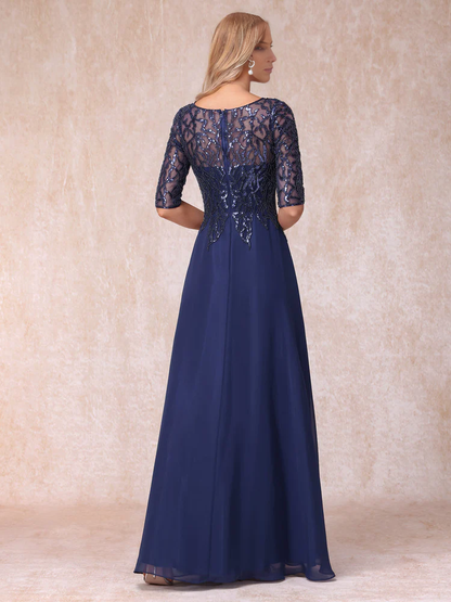 A-line/Princess Transparent Collar Half Sleeve Long with Beads and sequins Mother of the bride dress