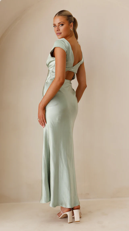 straight V-neck short sleeved and floor length Prom dress