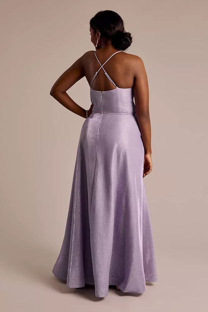 A-line V-neck backless sleeveless thin shoulder strap with side slits and floor length Prom dress