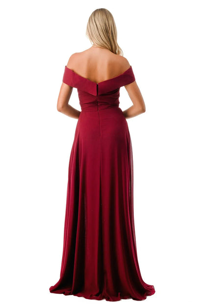 A-line slit skirt pleated long off shoulder dress