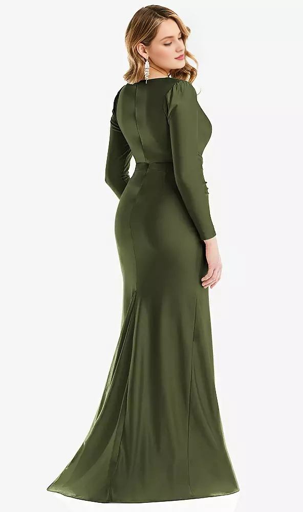 Long sleeved drape wrapped satin fishtail Prom dress