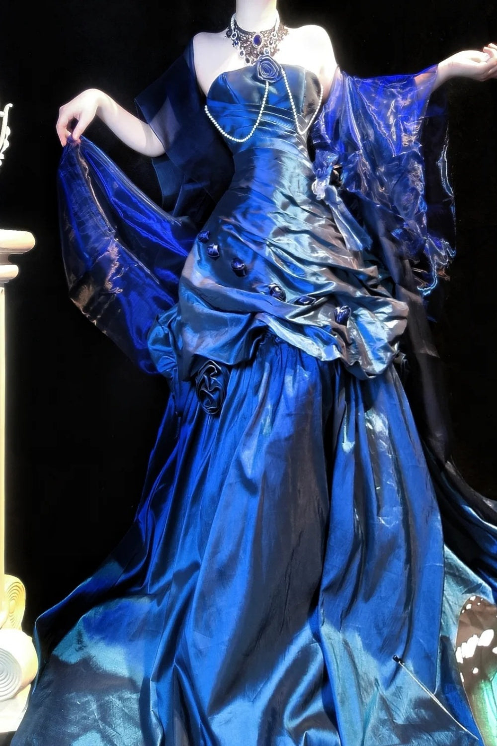Vintage-style elegant blue taffeta long ball gown gh6845