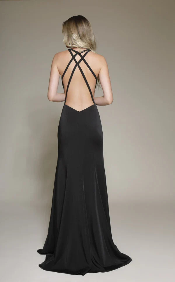 A-line deep V-neck satin and floor length Prom dress