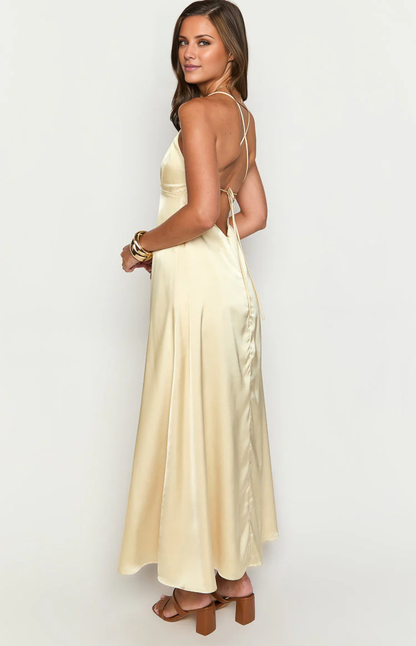 V collar off shoulder sleeveless thin shoulder strap backless and floor length Prom dress