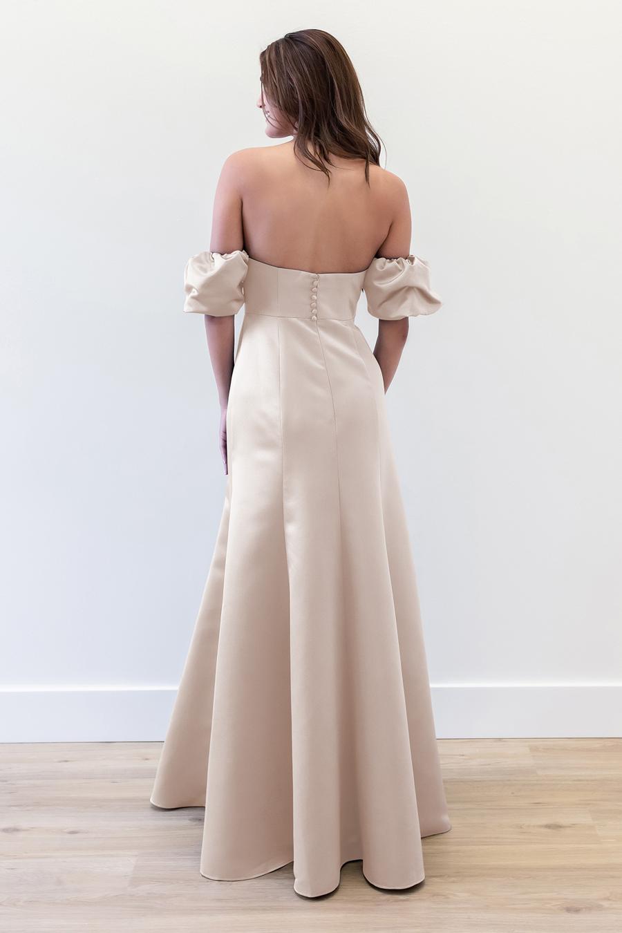 off shoulder collar bubble sleeves button up back backless and floor length evening dress