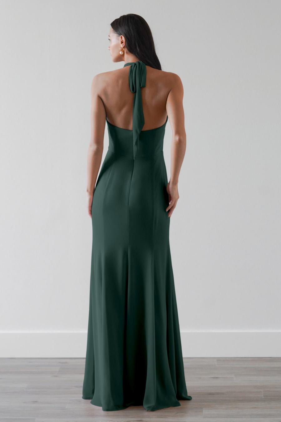 halter neckline off shoulder sleeveless backless and floor length evening dress