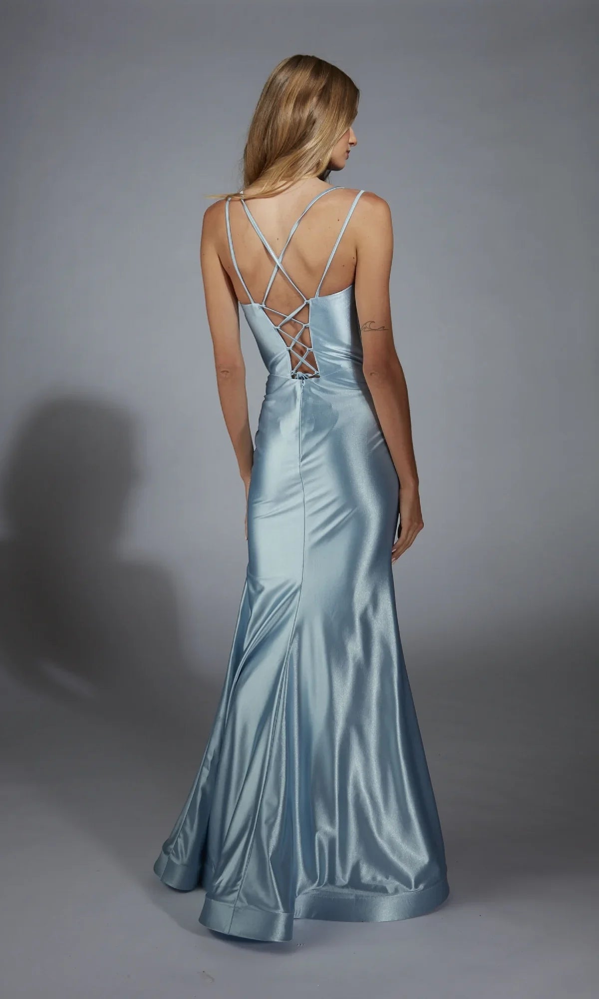square neck thin shoulder strap backless and floor length evening dress