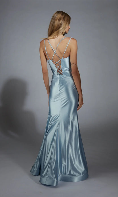 square neck thin shoulder strap backless and floor length evening dress