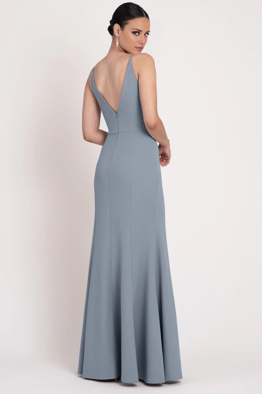 V-neck off shoulder sleeveless thin shoulder strap backless and floor length Prom dress