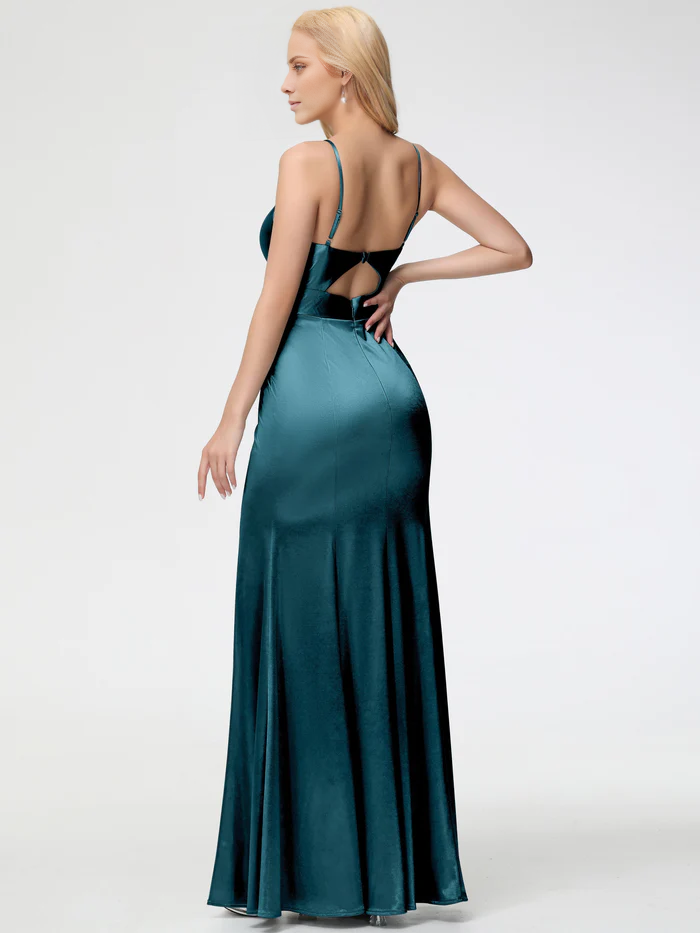 slim shoulder strap V-neck tight satin Prom dress
