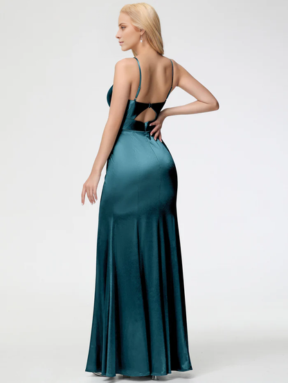 slim shoulder strap V-neck tight satin Prom dress