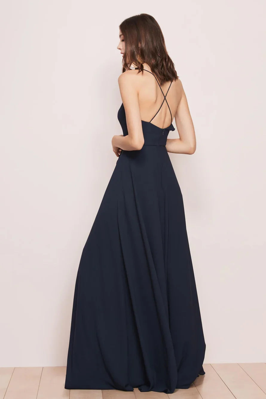 V collar off shoulder thin shoulder strap sleeveless backless side slit and floor length Prom dress