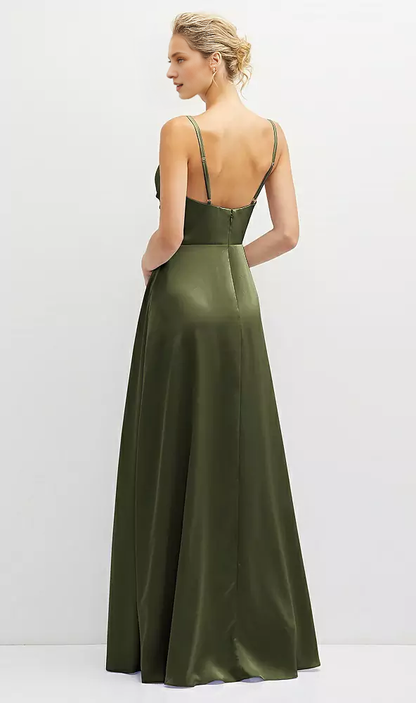 Vertical pleated tight corset satin and floor length Prom dress