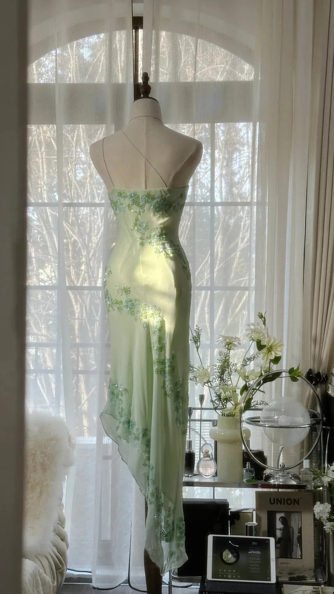 Ivory/Green Vintage Fashion One Shoulder Exquisite Beaded Long Chiffon Ball Gown Birthday Party Dress Cocktail Party Dress Evening Dress Prom Dress gh3971