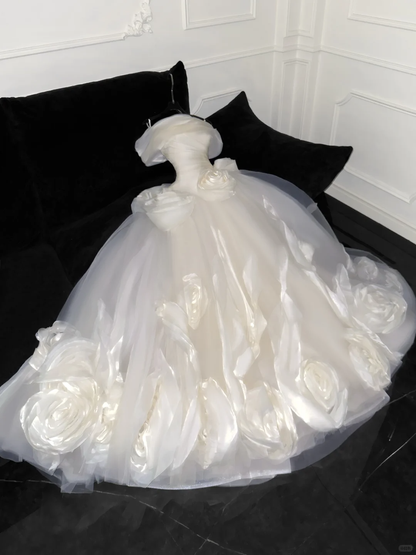 Elegant Ivory 3D Rose Satin Off-Shoulder A-Line Tulle Wedding Dress TP4221