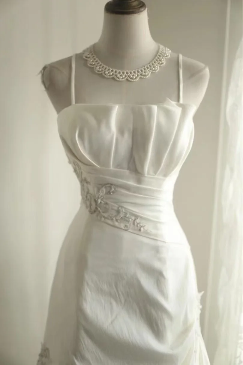 Elegant Satin Spaghetti Strap Beaded Draped A-Line Prom Dress TP5629