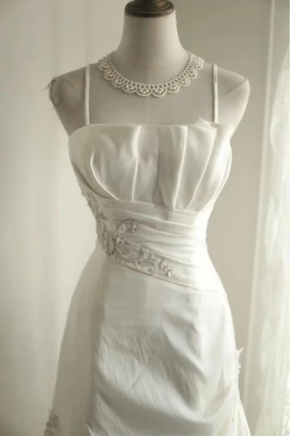 Elegant Satin Spaghetti Strap Beaded Draped A-Line Prom Dress TP5629