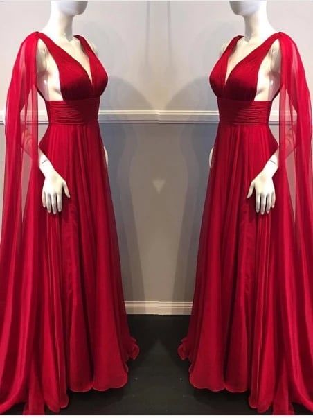 Girlhomeshops-Red fashion V-neck long tulle floor-length prom dress evening dress gh5425