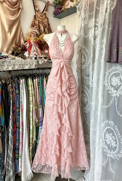 Charming Halter Deep V-Neck Ruffled Lace Ruched Evening Dress TP2013