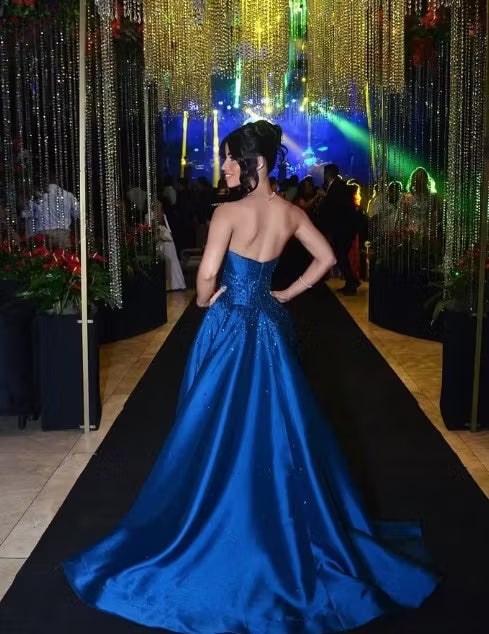 Vintage Royal Blue Strapless Satin A-Line Beaded Evening Gown TP5898