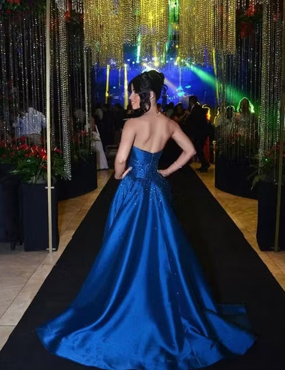 Vintage Royal Blue Strapless Satin A-Line Beaded Evening Gown TP5898