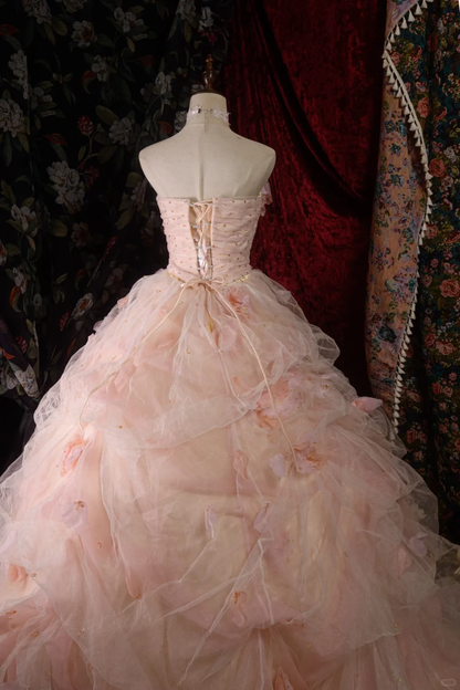 Vintage Pink Strapless Tulle Ball Gown Floral Embellishments A-Line Layered Quinceañera Formal Dress TP5115