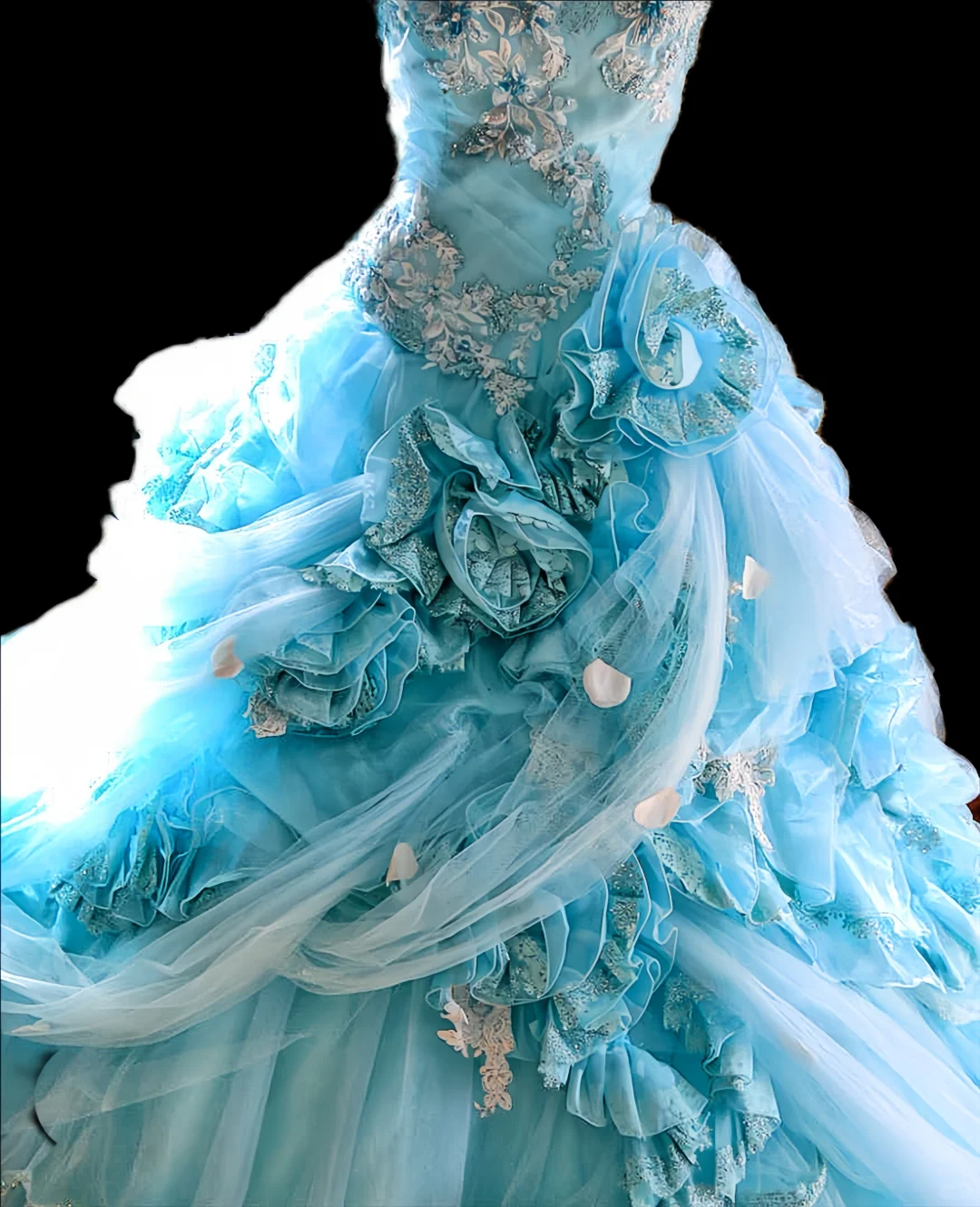 Glamorous Sky Blue Strapless Ruffled Tulle 3D Floral Sheer Drape Sweet 15 Quinceanera Ball Gown TP5495