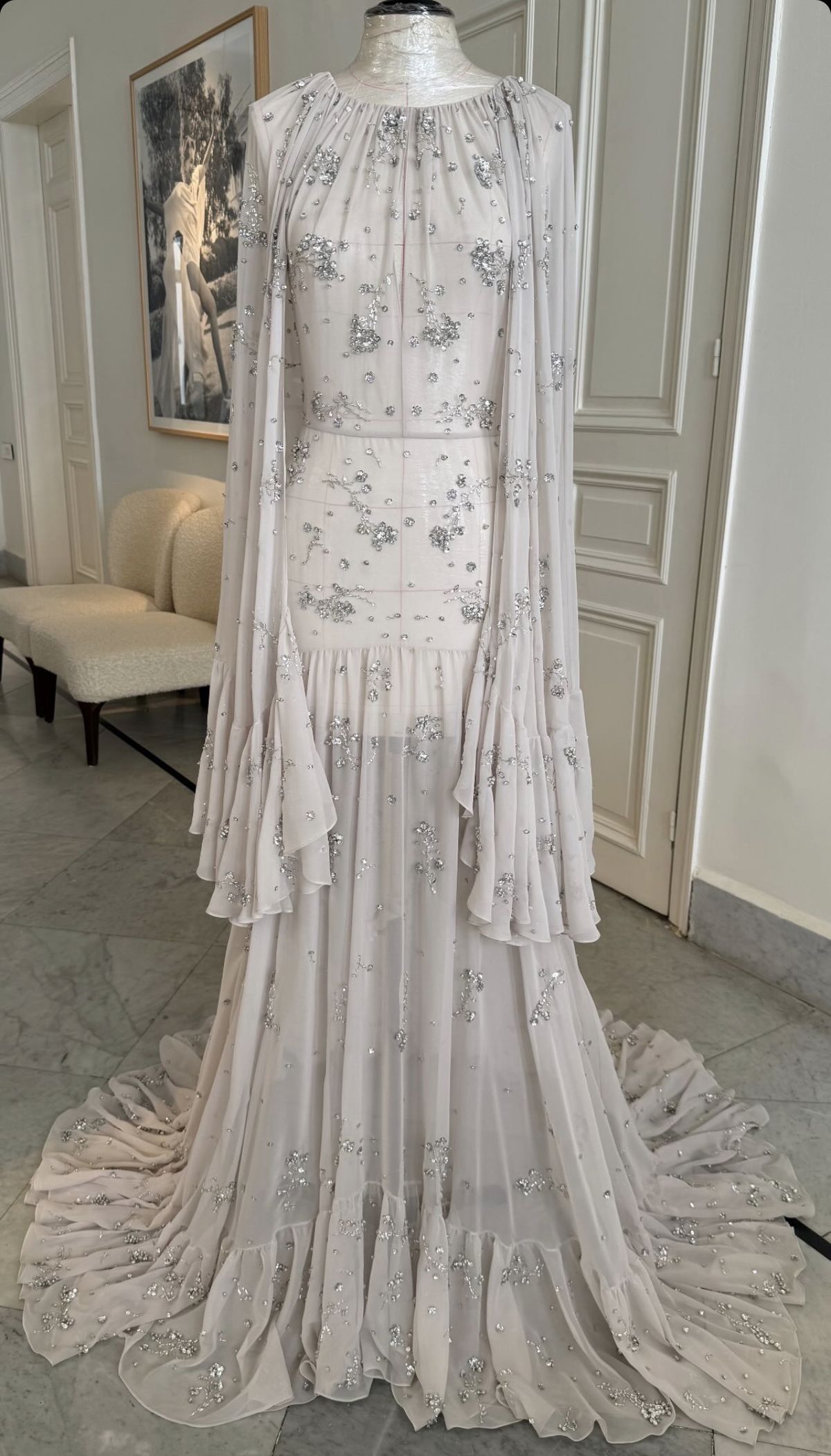 Dreamy Luxury Fairy Style Cape-Long-Sleeve Gown | Light Gray Tulle Beaded Mermaid Train Maxi Dress for Gala Red Carpet High-End Party Luxury Social Event gh6429