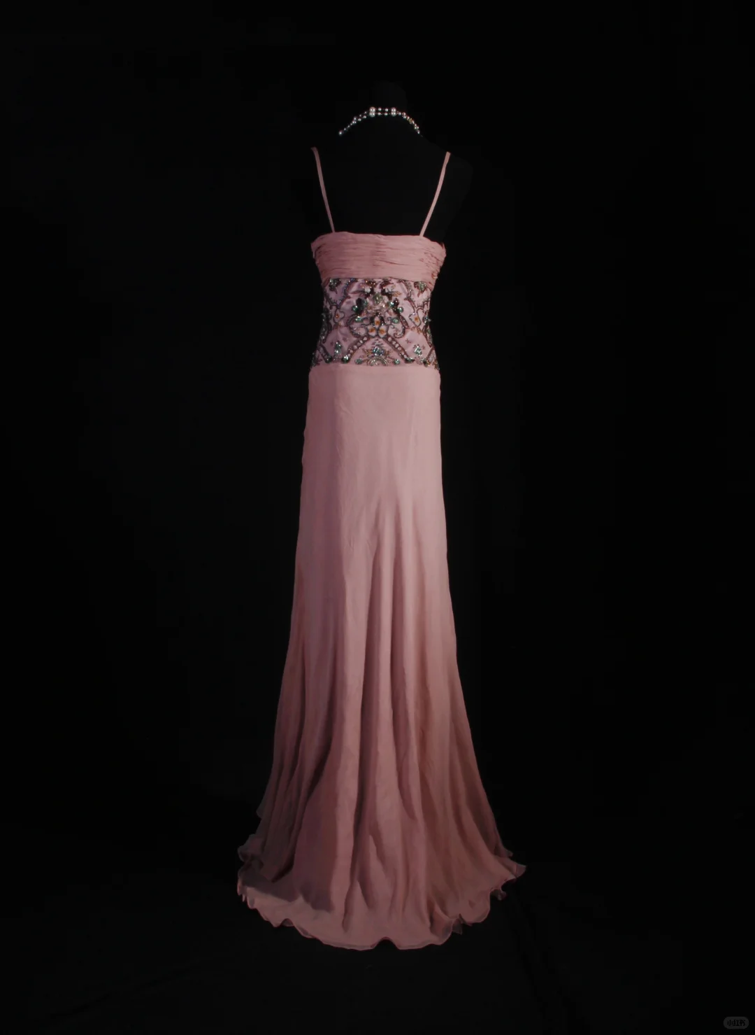Elegant Pink Chiffon Beaded Sheath Spaghetti Strap Evening Gown TP5415